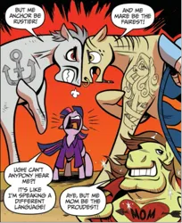 Size: 621x762 | Tagged: safe, derpibooru import, idw, twilight sparkle, twilight sparkle (alicorn), unnamed character, unnamed pony, alicorn, earth pony, pony, spoiler:comic, spoiler:comic13, female, image, male, mare, pirate, png, stallion, tattoo