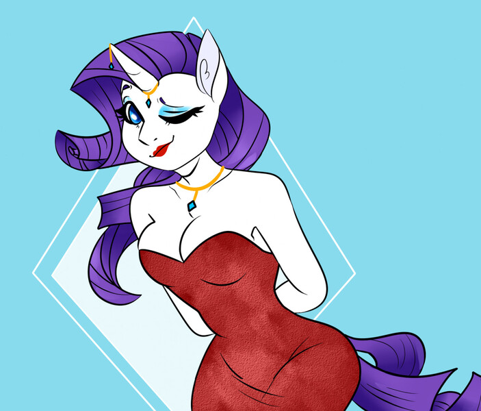 Size: 1280x1093 | Tagged: safe, artist:grossness_tit, derpibooru import, rarity, anthro, unicorn, ambiguous facial structure, breasts, cleavage, cutie mark background, female, hands behind back, horn, horn jewelry, image, jewelry, jpeg, leaning forward, lipstick, looking at you, necklace, one eye closed, red dress, smiling, smiling at you, solo, wink