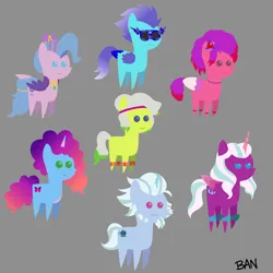 Size: 3000x3000 | Tagged: safe, artist:banquo0, derpibooru import, alphabittle (g5), queen haven, alicorn, earth pony, pegasus, pony, unicorn, g5, facial hair, female, fretlock, gradient mane, gray background, headband, image, jewelry, male, mare, minty (g5), misty brightdawn, opaline arcana, png, pointy ponies, regalia, ruby jubilee, simple background, stallion, sweatband