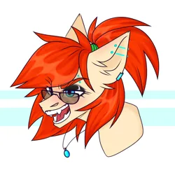 Size: 2480x2480 | Tagged: artist needed, safe, alternate version, derpibooru import, oc, oc:ray muller, pegasus, pony, bust, collar, crazy smile, ear piercing, eyeshadow, image, industrial piercing, makeup, piercing, png, ponytail, simple background, solo, sunglasses
