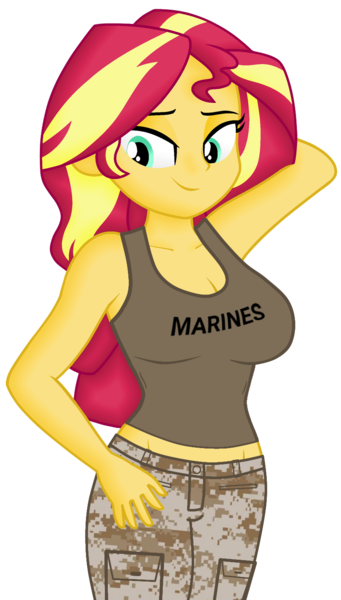 Size: 813x1430 | Tagged: safe, artist:ah96, artist:edy_january, derpibooru import, edit, editor:ah96, vector edit, sunset shimmer, human, equestria girls, equestria girls series, breasts, busty sunset shimmer, camouflage, clothes, image, link in description, marine, marines, military, military uniform, png, sexy, simple background, soldier, solo, tanktop, transparent background, uniform, united states, usmc, vector, vulgar description