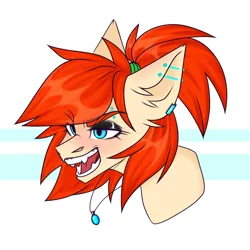 Size: 2480x2480 | Tagged: artist needed, safe, alternate version, derpibooru import, oc, oc:ray muller, pegasus, bust, collar, crazy smile, ear piercing, eyeshadow, image, makeup, piercing, png, ponytail, simple background, solo