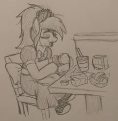 Size: 528x544 | Tagged: safe, artist:jargon scott, derpibooru import, oc, oc:anon-mare, unofficial characters only, earth pony, pony, burger, clothes, drink, eating, eyes closed, female, food, french fries, grayscale, image, maid, mare, monochrome, open mouth, pencil drawing, png, sitting, solo, traditional art