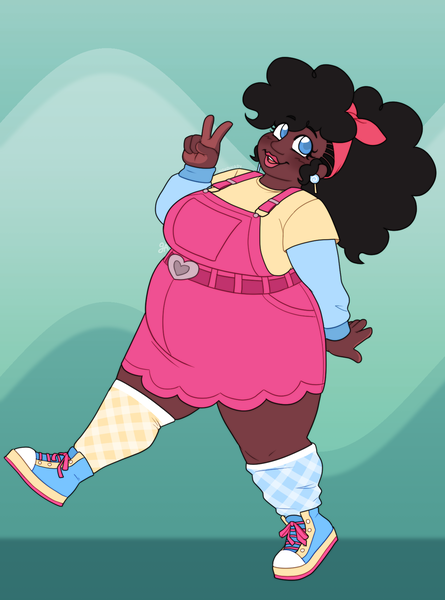 Size: 1285x1731 | Tagged: safe, artist:greenarsonist, derpibooru import, pinkie pie, human, bandana, belt, belt buckle, clothes, dark skin, ear piercing, earring, fat, g4, gender headcanon, headcanon, headcanon in the description, humanized, image, jewelry, long hair, nonbinary, piercing, png, sexuality headcanon, shoes, simple background, smiling, solo, transgender