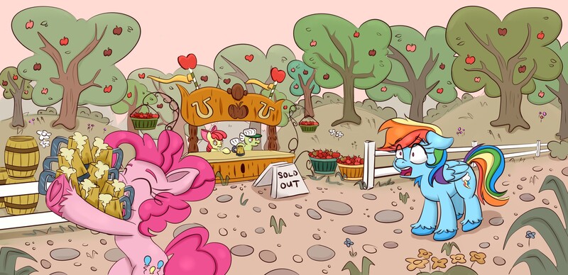 Size: 2000x969 | Tagged: safe, artist:nedemai, derpibooru import, apple bloom, granny smith, pinkie pie, rainbow dash, earth pony, pegasus, pony, apple, apple bloom's bow, apple farm, apple tree, atg 2023, barrel, bow, cider, cider mug, colored hooves, elderly, eyes closed, female, filly, foal, food, frown, hair bow, hoarding, hoof heart, horrified, image, jpeg, mare, mug, newbie artist training grounds, open mouth, shocked, shocked expression, sign, sold out, stand, that pony sure does love cider, tree, underhoof, unshorn fetlocks, visor