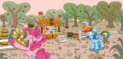 Size: 2000x969 | Tagged: safe, artist:nedemai, derpibooru import, apple bloom, granny smith, pinkie pie, rainbow dash, earth pony, pegasus, pony, apple, apple bloom's bow, apple farm, apple tree, atg 2023, barrel, bow, cider, cider mug, colored hooves, elderly, eyes closed, female, filly, foal, food, frown, hair bow, hoarding, hoof heart, horrified, image, jpeg, mare, mug, newbie artist training grounds, open mouth, shocked, shocked expression, sign, sold out, stand, that pony sure does love cider, tree, underhoof, unshorn fetlocks, visor
