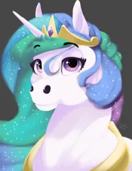 Size: 2550x3300 | Tagged: safe, artist:maniatico jerte oficial, derpibooru import, princess celestia, alicorn, pony, bust, crown, eyebrows, eyebrows visible through hair, female, gray background, high res, hoers, image, jewelry, looking at you, mare, peytral, png, regalia, signature, simple background, smiling, smiling at you, solo