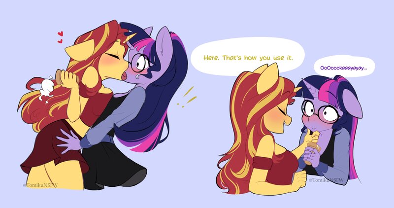 Size: 4096x2160 | Tagged: safe, artist:tomiku, derpibooru import, sunset shimmer, twilight sparkle, anthro, unicorn, blushing, bust, clothes, duo, eyes closed, female, food, glasses, heart, image, jpeg, kissing, lesbian, shipping, skirt, smiling, sunsetsparkle, text, tongue out, wasting food