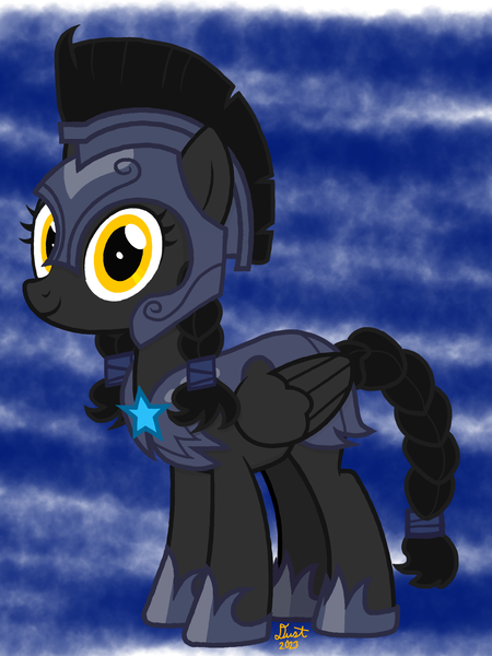 Size: 1536x2048 | Tagged: safe, artist:dust, derpibooru import, oc, oc:eclipse, unofficial characters only, pegasus, pony, armor, braid, braided pigtails, braided tail, derpibooru exclusive, digital art, female, image, mare, night guard, night guard armor, pigtails, png, royal guard, simple background, solo, tail