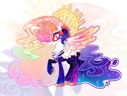 Size: 3869x2920 | Tagged: safe, artist:anno酱w, derpibooru import, oc, unofficial characters only, alicorn, base used, crown, ethereal mane, eyelashes, eyeshadow, flowing mane, image, jewelry, makeup, parent:princess celestia, parent:princess luna, png, raised hoof, regalia, smiling, spread wings, starry mane, sun, wings