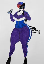 Size: 1601x2301 | Tagged: suggestive, artist:thaliaglacyswells, derpibooru import, oc, oc:glacy tundra, anthro, hybrid, orca, orca pony, original species, breasts, cleavage, image, jpeg, solo, thighs, tracksuit, traditional art