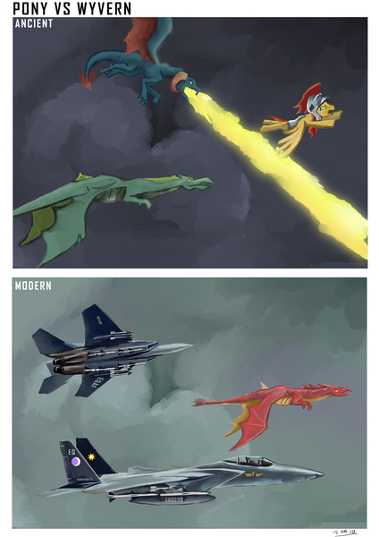 Size: 3508x4961 | Tagged: safe, artist:eds233, derpibooru import, dragon lord torch, flash magnus, dragon, pegasus, pony, campfire tales, f-15 eagle, flare (character), greenblight, image, jet, jet fighter, jet plane, jpeg