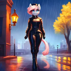 Size: 3072x3072 | Tagged: suggestive, derpibooru import, machine learning generated, stable diffusion, nurse redheart, anthro, earth pony, ai content, city, clothes, collar, generator:purplesmart.ai, gloves, hat, image, jacket, jpeg, lamp, latex, latex boots, latex gloves, latex suit, night, prompter:thegoldenmonk, rain, solo, street, tree, walking, zipper
