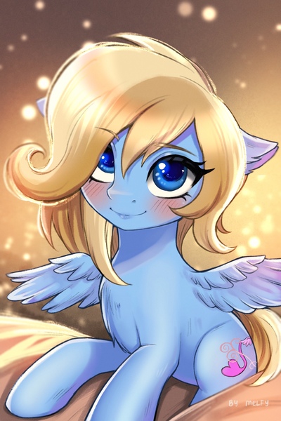 Size: 1799x2700 | Tagged: safe, artist:melfy, derpibooru import, oc, oc:lusty symphony, unofficial characters only, pegasus, pony, abstract background, blushing, chest fluff, cute, female, image, jpeg, mare, pegasus oc, smiling, solo, spread wings, wings