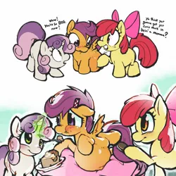 Size: 1600x1600 | Tagged: safe, artist:honkinghighblood, derpibooru import, apple bloom, scootaloo, sweetie belle, pony, belly button, blushing, brushing, chewing, comb, cute, cutie mark crusaders, eating, female, filly, foal, food, image, jpeg, magic, outie belly button, pie, pregnant, pregnant foal, spoon