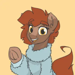 Size: 800x800 | Tagged: safe, artist:sneetymist, derpibooru import, oc, oc:soft coffee, unofficial characters only, earth pony, pony, clothes, coat markings, female, fluffy, fluffy sweater, image, looking at you, mare, open mouth, png, simple background, smiling, socks (coat marking), solo, sweater, underhoof, waving