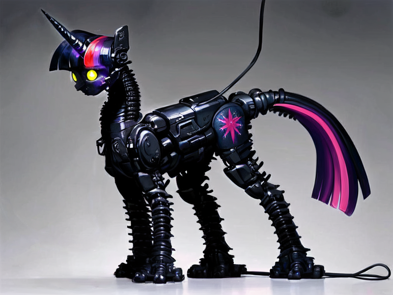 Size: 1024x768 | Tagged: semi-grimdark, derpibooru import, machine learning generated, stable diffusion, twilight sparkle, monster pony, pony, robot, robot pony, ai content, augmented, cool, dark, detailed, digital art, generator:ponydiffusion, image, metal, png, quality, roboticization, simple background, twibot, white background