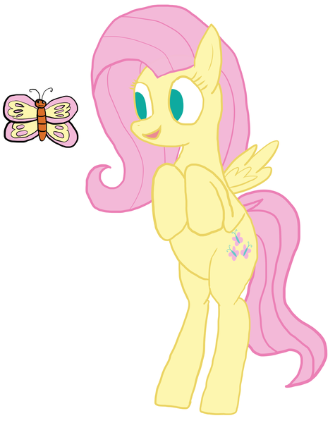 Size: 1660x2097 | Tagged: safe, artist:wissle, derpibooru import, fluttershy, butterfly, insect, pegasus, pony, atg 2023, bipedal, female, image, mare, newbie artist training grounds, open mouth, png, simple background, smiling, solo, spread wings, white background, wings