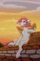 Size: 3000x4550 | Tagged: safe, artist:silverfir, derpibooru import, oc, unofficial characters only, pegasus, pony, brick, brick wall, chest fluff, cigarette, cloud, cracks, evening, floppy ears, gradient background, grass, hooves, image, pensive, png, raised hoof, sad, sitting, sky, smoke, smoking, solo, spots, stripes, sunset, wings