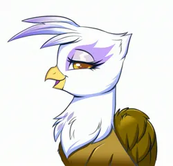 Size: 2879x2763 | Tagged: safe, artist:confetticakez, ponerpics import, gilda, gryphon, beak, female, folded wings, image, jpeg, lidded eyes, looking at you, looking sideways, open beak, open mouth, simple background, sitting, smiling, solo, white background, wings