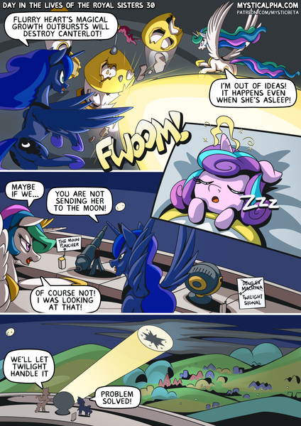 Size: 2171x3070 | Tagged: safe, artist:mysticalpha, derpibooru import, princess celestia, princess flurry heart, princess luna, pony, comic:day in the lives of the royal sisters, image, png, spotlight