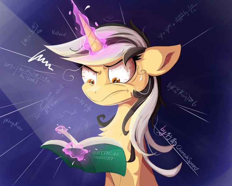 Size: 1741x1401 | Tagged: safe, artist:行豹cheetahspeed, derpibooru import, oc, oc:autumn trace, unofficial characters only, pony, unicorn, black and white mane, blue background, book, facial expressions, formula, glow, glowing horn, horn, image, jpeg, magic, magic aura, orange eyes, simple background, tired, yellow skin