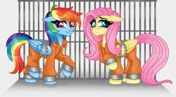 Size: 3861x2133 | Tagged: safe, artist:nekomellow, derpibooru import, fluttershy, rainbow dash, bound wings, chained, chains, clothes, image, png, prison outfit, prisoner ft, prisoner rd, shackles, wings
