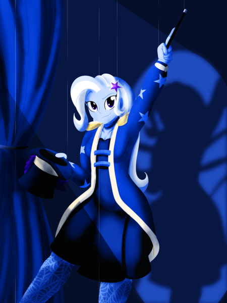 Size: 2100x2800 | Tagged: safe, artist:sixes&sevens, derpibooru import, trixie, equestria girls, clothes, curtains, female, hat, image, leggings, looking at you, png, raised arm, shadow, solo, spider web, top hat, wand