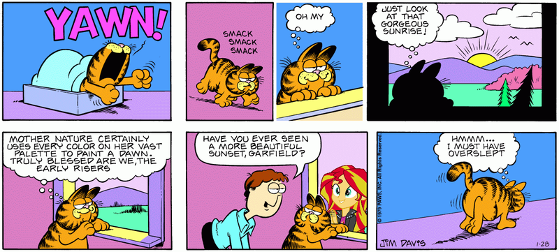 Size: 1200x542 | Tagged: safe, artist:nyperold, derpibooru import, sunset shimmer, cat, human, equestria girls, equestria girls series, comic, crossover, female, garfield, image, jon arbuckle, male, png, speech bubble, square root of minus garfield, thought bubble