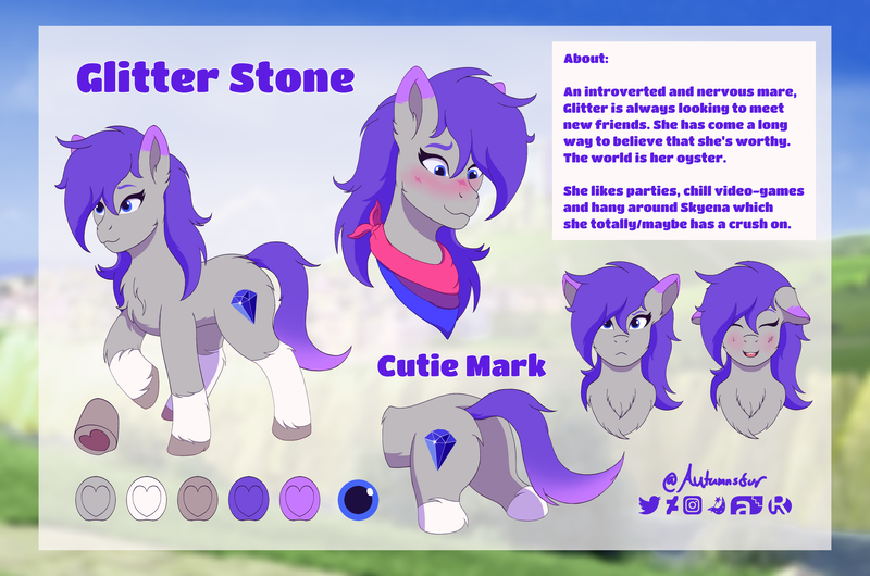 Size: 3935x2607 | Tagged: safe, artist:autumnsfur, derpibooru import, oc, oc:glitter stone, unofficial characters only, earth pony, pony, g5, angry, background, bandana, bisexual pride flag, bisexuality, blue eyes, blue hair, blue mane, blue tail, blurry background, blushing, bust, butt, chest fluff, clothes, coat markings, cutie mark, diamond, diamond cutie mark, earth pony oc, female, full body, g4, gray coat, grey fur, happy, hooves, image, introvert, logo, long hair, long mane, looking at something, looking at you, looking down, mare, multicolored tail, nervous, png, pony oc, pride, pride flag, purple eyes, purple hair, purple mane, purple tail, raised hoof, reference sheet, scarf, shy, side view, signature, smiling, smirk, socks (coat marking), tail, text