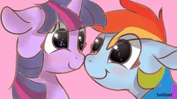 Size: 1080x607 | Tagged: safe, artist:twiliset, derpibooru import, rainbow dash, twilight sparkle, alicorn, pegasus, pony, female, happy, image, jpeg, lesbian, looking at each other, looking at someone, pink background, red face, shipping, simple background, smiling, smiling at each other, twidash