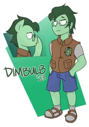 Size: 2128x3024 | Tagged: safe, artist:dimbulb, derpibooru import, oc, oc:dimbulb, unofficial characters only, human, pony, equestria girls, clothes, denim, denim shorts, equestria girls 10th anniversary, glasses, humanized, image, patch, png, sandals, shorts, side view, socks, solo, vest