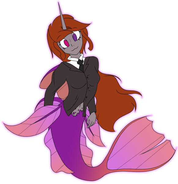 Size: 2631x2713 | Tagged: safe, artist:bryony6210, derpibooru import, oc, oc:funny jo, unofficial characters only, human, mermaid, equestria girls, business suit, clothes, female, fins, fish tail, heterochromia, horn, image, mermaid tail, mermaidized, multicolored tail, necktie, png, scar, side fins, simple background, slit pupils, smiling, solo, species swap, tail, transparent background