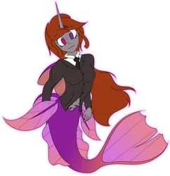 Size: 2631x2713 | Tagged: safe, artist:bryony6210, derpibooru import, oc, oc:funny jo, unofficial characters only, human, mermaid, equestria girls, business suit, clothes, female, fins, fish tail, heterochromia, horn, image, mermaid tail, mermaidized, multicolored tail, necktie, png, scar, side fins, simple background, slit pupils, smiling, solo, species swap, tail, transparent background