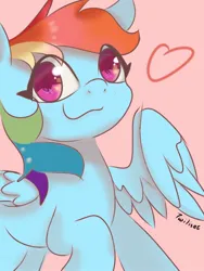 Size: 1080x1440 | Tagged: safe, artist:twiliset, derpibooru import, rainbow dash, pegasus, pony, cool, cute, happy, heart, image, jpeg, looking at you, red background, simple background, smiling, smiling at you, solo, spread wings, wings