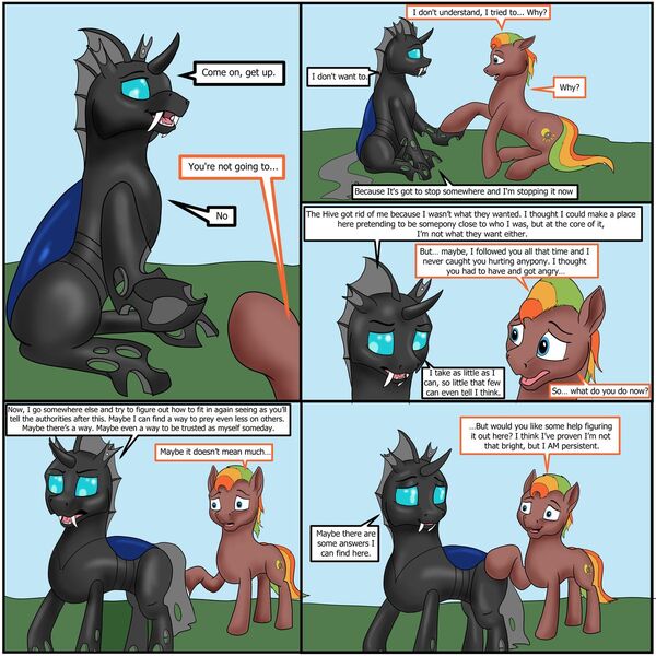 Size: 1200x1200 | Tagged: safe, artist:termyotter, derpibooru import, oc, oc:macrophage, oc:spectrum gear, changeling, pony, atg 2023, image, jpeg, newbie artist training grounds