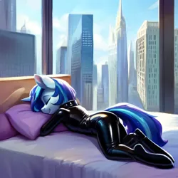 Size: 3072x3072 | Tagged: suggestive, derpibooru import, machine learning generated, stable diffusion, shining armor, anthro, unguligrade anthro, unicorn, ai content, apartment, bed, bedroom, bodysuit, city, clothes, day, generator:purplesmart.ai, image, jpeg, latex, latex suit, pillow, prompter:thegoldenmonk, skyscraper, sleeping, smiling, solo