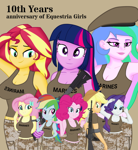 Size: 940x1020 | Tagged: safe, artist:ah96, artist:edy_january, artist:tharn666, derpibooru import, editor:ah96, applejack, fluttershy, pinkie pie, princess celestia, rainbow dash, rarity, sunset shimmer, twilight sparkle, human, equestria girls, equestria girls series, anniversary of equestria girls, assault rifle, barrette, camouflage, clothes, equestria girls 10th anniversary, group, gun, handgun, hat, image, link in description, m16, m16a4, marine, marines, military, military uniform, png, principal celestia, revolver, rifle, soldier, soldiers, submachinegun, tanktop, tmp, trigger discipline, uniform, united states, vulgar description, weapon