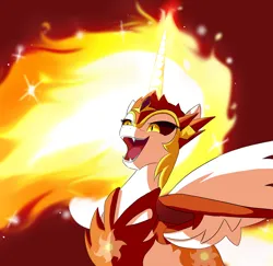 Size: 2160x2100 | Tagged: safe, artist:andromedasparkz, derpibooru import, daybreaker, alicorn, pony, armor, female, folded wings, image, magic, magic aura, mane of fire, mare, open mouth, png, simple background, solo, wings