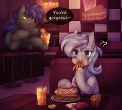 Size: 2048x1861 | Tagged: safe, artist:dereketto, derpibooru import, oc, oc:bean shooter, oc:stone steps, unofficial characters only, earth pony, pony, confused, couple, cute, date, diner, drink, drinking straw, duo, duo male and female, eating, embarrassed, female, food, french fries, image, leaning, male, oc x oc, png, sandwich, shipping