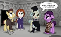 Size: 3264x2001 | Tagged: safe, artist:tidmouthmilk12, derpibooru import, doctor whooves, time turner, earth pony, pony, atg 2023, barbara wright, clothes, coat, doctor who, first doctor, hat, ian chesterton, image, jacket, necktie, newbie artist training grounds, png, scarf, shirt, striped scarf, striped shirt, susan foreman, tardis, tardis console room, wrinkles