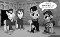 Size: 3264x2001 | Tagged: safe, artist:tidmouthmilk12, derpibooru import, doctor whooves, time turner, earth pony, pony, atg 2023, barbara wright, black and white, clothes, coat, doctor who, first doctor, grayscale, hat, ian chesterton, image, jacket, monochrome, necktie, newbie artist training grounds, png, scarf, shirt, striped scarf, striped shirt, susan foreman, tardis, tardis console room, wrinkles