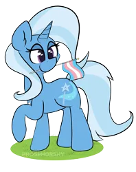 Size: 2377x3000 | Tagged: safe, artist:phosphorshy, derpibooru import, trixie, pony, unicorn, chest fluff, ear fluff, female, grass, high res, image, mare, png, pride, pride flag, signature, simple background, smiling, solo, standing, trans trixie, transgender, transgender pride flag, transparent background