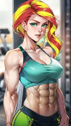 Size: 864x1536 | Tagged: suggestive, derpibooru import, editor:sammykun, machine learning generated, stable diffusion, sunset shimmer, human, equestria girls, abs, ai content, blurry background, breasts, busty sunset shimmer, clothes, exercise, exeron outfit, female, fetish, gym, humanized, image, looking at you, midriff, muscle fetish, muscles, muscular female, png, prompter:sammykun, reasonably sized breasts, sunset lifter, sweat, tanktop