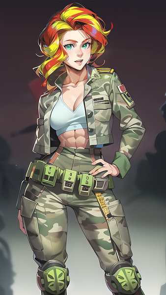 Size: 864x1536 | Tagged: safe, derpibooru import, editor:sammykun, machine learning generated, sunset shimmer, human, equestria girls, abs, ai content, army, breasts, busty sunset shimmer, clothes, humanized, image, long sleeves, looking at you, military, military uniform, muscles, open mouth, pants, png, pose, prompter:sammykun, reasonably sized breasts, sunset lifter, tanktop, uniform, wide hips