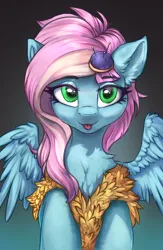 Size: 1300x2000 | Tagged: safe, artist:kirby_orange, derpibooru import, kerfuffle, pegasus, pony, chest fluff, clothes, cute, ear fluff, female, gradient background, green eyes, image, looking at you, mare, png, solo, tongue out, wings