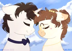 Size: 2048x1468 | Tagged: safe, artist:adostume, derpibooru import, oc, oc:adostume, oc:nicolash, unofficial characters only, unicorn, bowtie, bun, bust, cloud, couple, eyebrows, eyes closed, floppy ears, glasses, horn, horn ring, image, jewelry, marriage, png, ponysona, portrait, ring, simple background, sky, smiling, wedding, wedding ring