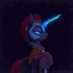 Size: 1298x1298 | Tagged: safe, artist:blue ink, derpibooru import, edit, editor:tss, tempest shadow, pony, unicorn, artificial horn, augmented, broken horn, cloak, clothes, eye scar, facial scar, female, helmet, horn, image, magic, magic horn, order storm ponies, png, poster, poster parody, scar, simple background, sword, weapon