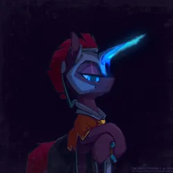 Size: 1298x1298 | Tagged: safe, artist:blue ink, derpibooru import, edit, editor:tss, tempest shadow, pony, unicorn, artificial horn, augmented, broken horn, cloak, clothes, eye scar, facial scar, female, helmet, horn, image, looking at you, magic, magic horn, order storm ponies, png, poster, poster parody, scar, simple background, sword, weapon