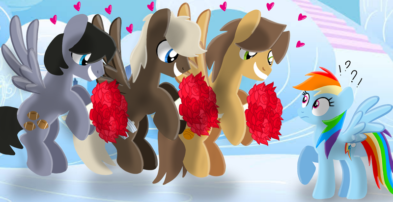 Size: 1980x1020 | Tagged: safe, artist:mlplary6, derpibooru import, dumbbell, hoops, quarterback, rainbow dash, pegasus, pony, bouquet, bouquet of flowers, cloudsdale, confused, crush, female, flower, flying, heart, image, male, mare, png, smiling, stallion, surprised